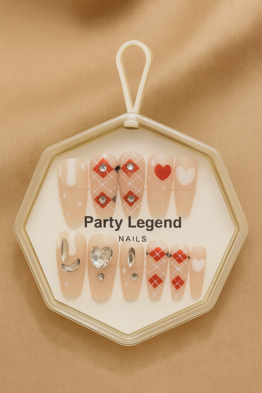 Hexagonal display of nail art designs with 'Party Legend Nails' branding on a beige background