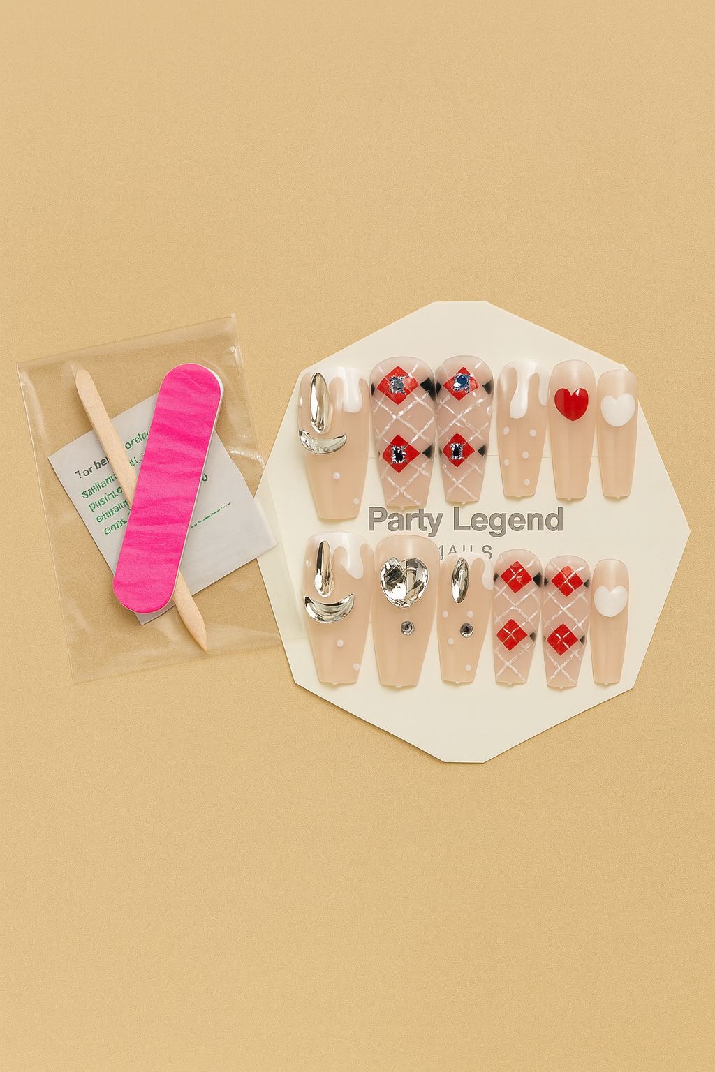 Set of false nails with decorative designs and a pink tool on a beige background, branded 'Party Legend'.