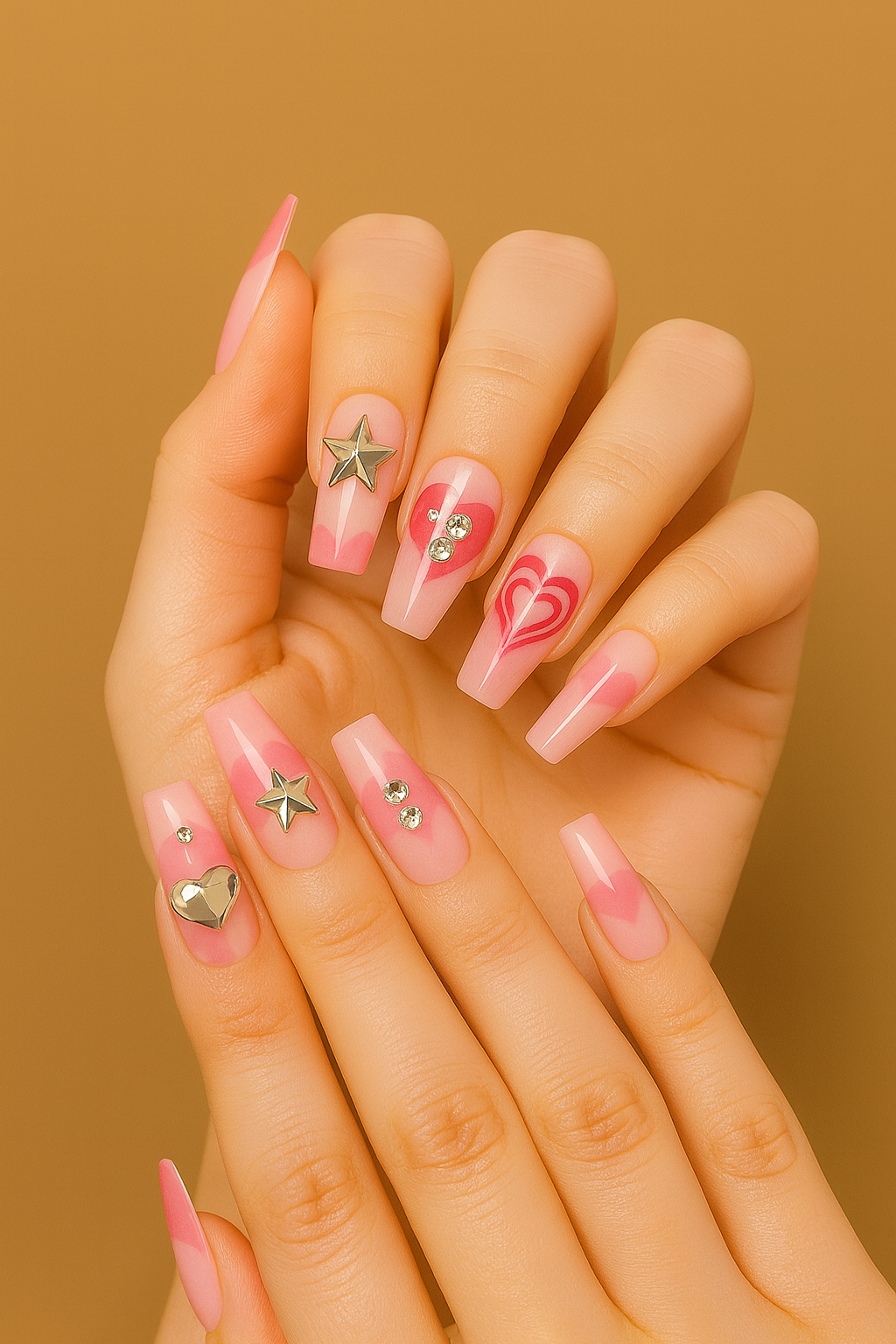 Close-up of hands with pink nail art on a brown background