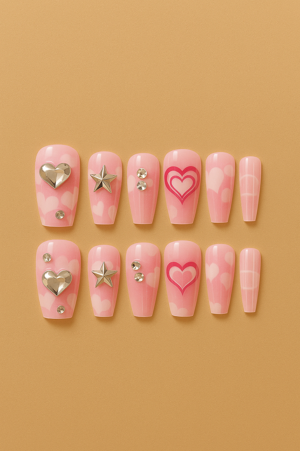 Set of pink nail art designs with heart and star decorations on a brown background