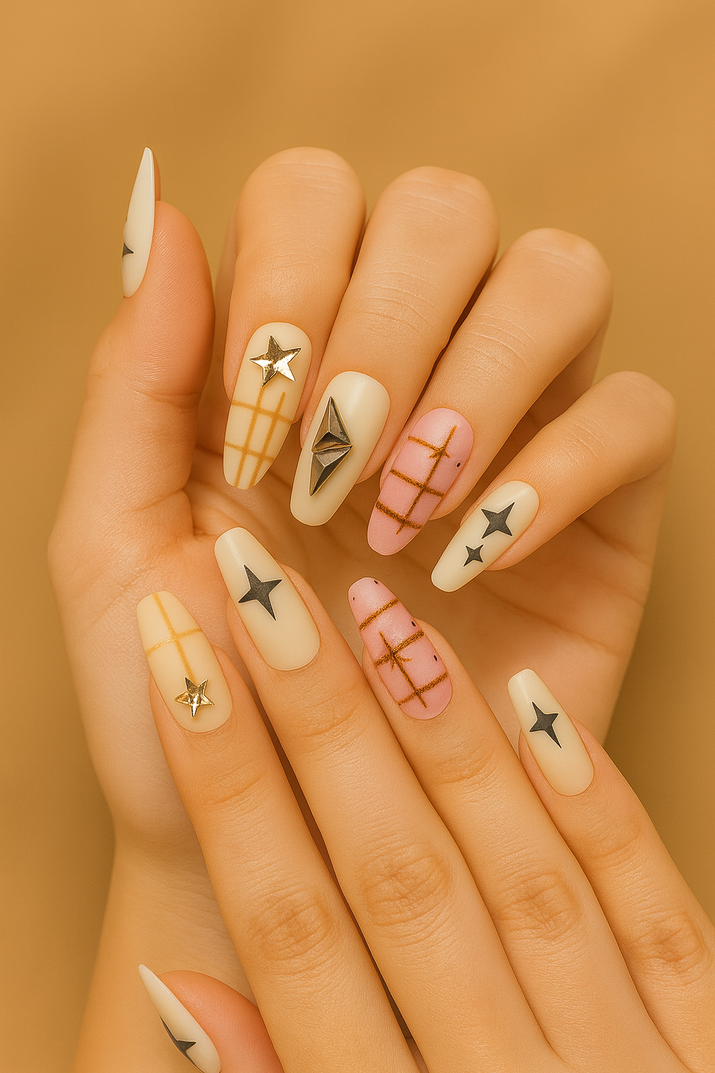 Close-up of hands with stylish nail art on a beige background