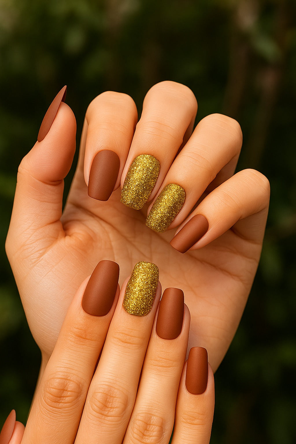Hand with brown and gold glittery nail polish against a blurred green background