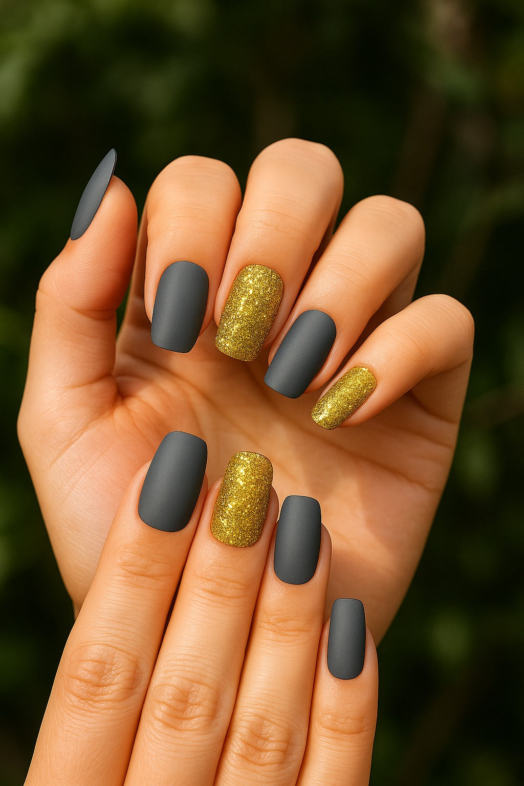 Hand with dark gray and gold glittery nail polish against a blurred green background