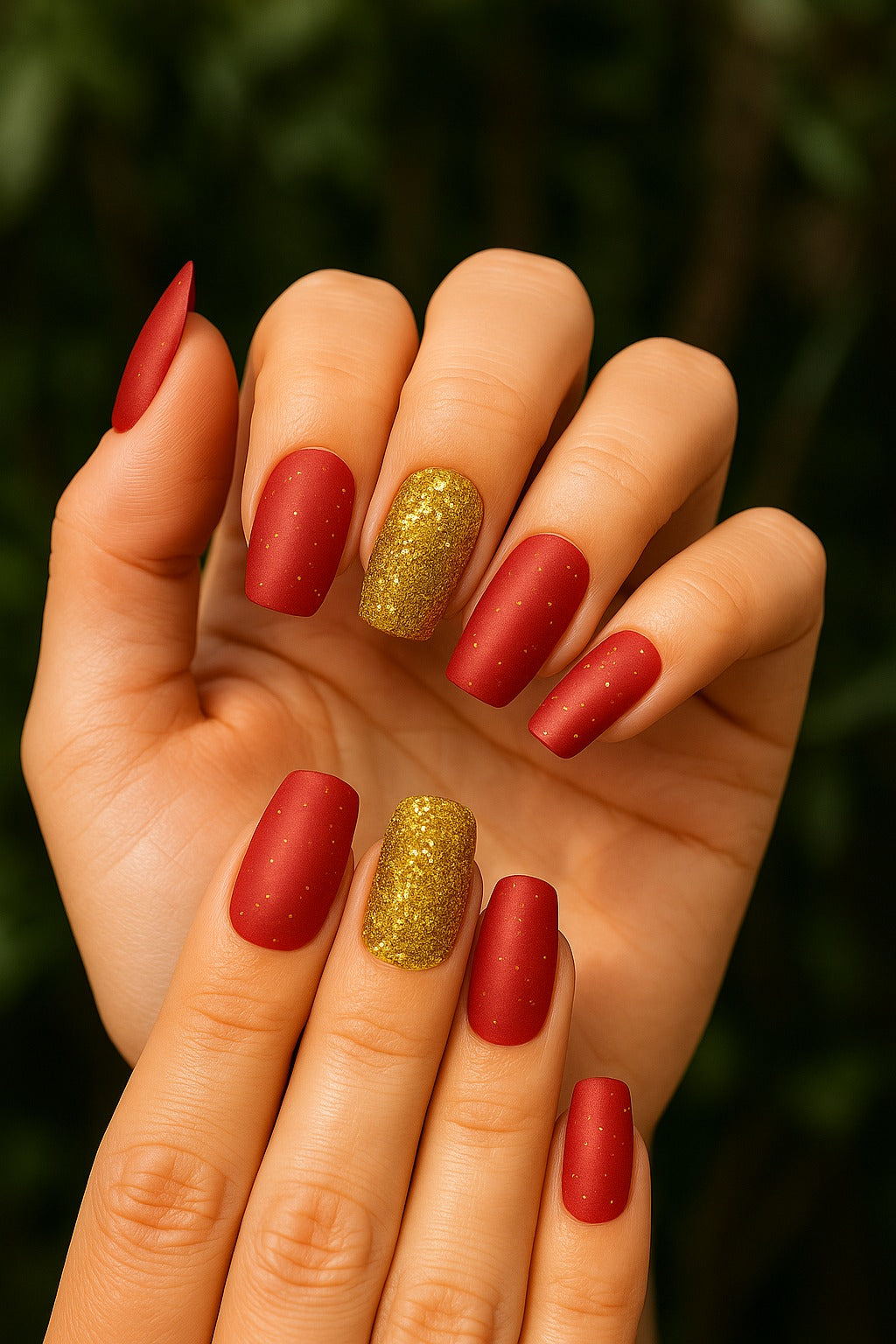 Hand with red and gold glittery nails against a blurred green background