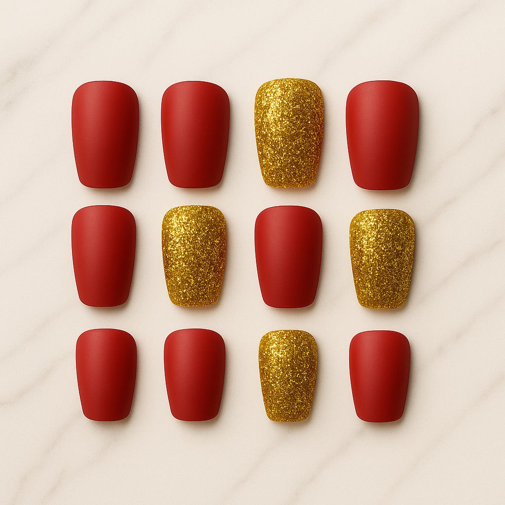 Red and gold nail polish samples arranged in a grid on a beige background